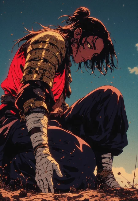 fantasy stylised illustration, anime style, cinematic, full body shot, close up, dynamic pose, perfect composition, covered in shadows shinobi in a dark clothes, feudal Japanese background, (kneeling in the dirt, mud, touching the ground with her hand), midnight, starry skies, baggy clothes moving on the wind, bright glowing gold pauldron striped through the whole body, huge glowing red waist, long fark gloves, white bandages on hands, eyes closed, looking down, expressionism, stature is agile and very graceful, woman, incredible, style of Edwin Austin Abbey, ne0nfant4sy,