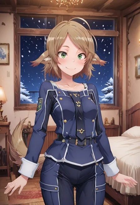 (1girl, solo) noa riads, animal ears, Green Eyes, tail, brown hair, short hair, Pretty eyes, , 1girl, solo, , blush, smile,, brown hair,, fluffy tail, ahoge, animal ears, dog ears, small breasts, swept bangs bedroom, green eyes, animal ears, tail, collarbone, ,
Eye focus ,(skindentation:1.2), shiny skin, shiny body, shiny hair, (best quality) , (highly detailed) ,((masterpiece)), ((best quality)), (ultra-detailed), ((extremely detailed)), (high resolution), 4K, (8K), best quality, (beautiful), (dynamic lighting), (super detailed skin), sharp focus,detailed eyes、detailed face and detailed skin detailed eyes、detailed face and detailed skin, skindentation, clear skin, shiny hair, ultra detailed eyes, depth of field, sharp, intricate details, hyperdetailed, shindol,
,, uniform, necktie, pants, night, snow, snowing,, cowboy shot ,(((perfect anatomy))), (((correct arms))), (((correct hands)))