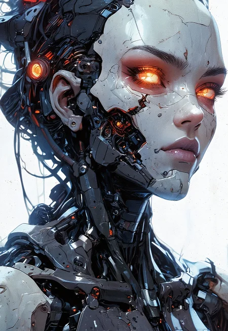 A futuristic cyberpunk female cyborg portrait, featuring a human face integrated with advanced mechanical details. The left eye is replaced by a glowing orange robotic lens with intricate circuitry. Black metallic textures dominate the neck and head, with wires and panels seamlessly blending into organic features. The background is clean white to enhance the focus on the cyborg's design, with lighting reflecting off the glossy surfaces. Emphasis on high-tech and sleek aesthetics, with a balance of realism and artistic stylization