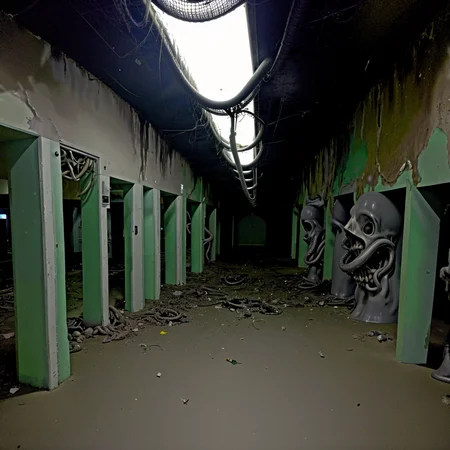 creepy horror basement in a closed mall without any people, holes in the ground with giant tentacles coming out , there is no sun light, part of the mall look old and not well lit <lora:liminalspaces768:1>, in the style of takato yamamoto, unfinished, ugly, <lora:takma2:1.2>