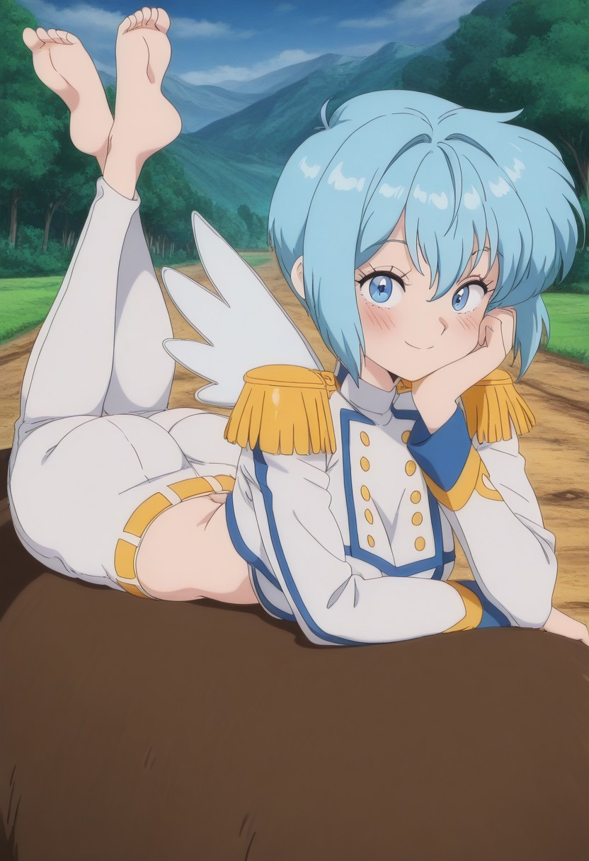 masterpiece, best quality, amazing quality,, , nonoa, short hair, blue eyes, blue hair, mature female, small breasts, anime screencap, navel, wings, midriff, belt, crop top, epaulettes, , the pose, on stomach, feet up, lying, soles, feet, legs up, head rest, barefoot, from side, looking at viewer, ass, smile, blush, sideboob, bike ride, countryside, dirt road, trees, afternoon sun, peaceful, alone, cowboy shot, solo, looking at viewer, huge breasts,