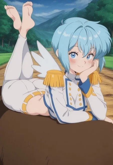 masterpiece, best quality, amazing quality,, , nonoa, short hair, blue eyes, blue hair, mature female, small breasts, anime screencap, navel, wings, midriff, belt, crop top, epaulettes, , the pose, on stomach, feet up, lying, soles, feet, legs up, head rest, barefoot, from side, looking at viewer, ass, smile, blush, sideboob, bike ride, countryside, dirt road, trees, afternoon sun, peaceful, alone, cowboy shot, solo, looking at viewer, huge breasts,