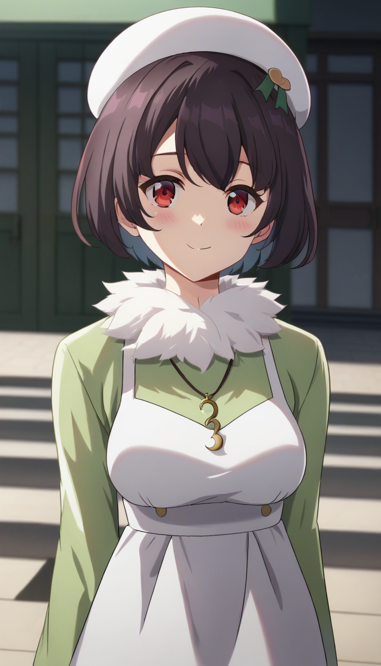 score_9,score_8_up,masterpiece,best quality,correct anatomy,anime_source,1girl,solo,perfect eyes,perfect arms,perfect legs,perfect face,outdoors,upper body,(portrait:1.5),looking at viewer,facing viewer,smile,blush,Sayuri Jisshoji,beret,white headwear,short hair,black hair,red eyes,fur collar,fur trim,necklace,green shirt,long sleeves shirt,halter dress,white dress,sleeveless dress,medium breasts,black pantyhose,high heel boots,brown footwear,<lora:Sayuri Jisshoji(bnr)-Pony:1.6>,
