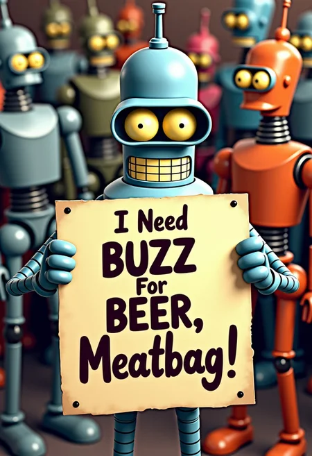 Surreal, Seen Here, against the background of all the robots from Futurama, the robot Bender from Futurama holds in his hands a large poster with the inscription "I Need BUZZ For BEER, Meatbag!'