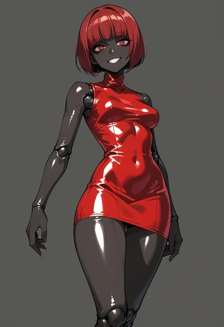 score_9, score_8_up, score_7_up, score_6_up, score_5_up, 1girl, solo, red hair, short hair, bob cut, (black skin:1.2), red eyes, medium breasts, (doll joints:1.1), wide hips,latex pink dress, garters, smile, black skin, shiny skin, petite, skinny