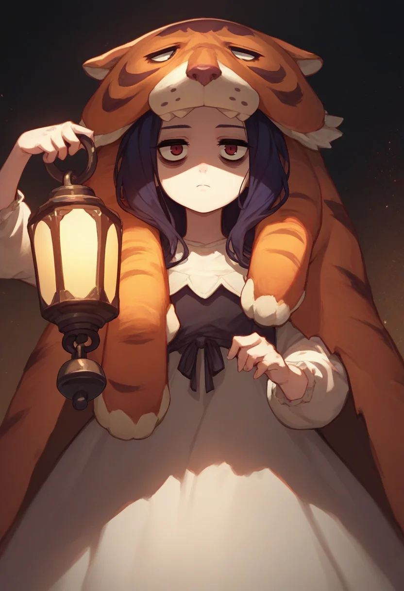 score_9, score_8_up, score_7_up, source_anime, solo, 1girl, razmi, expressionless, looking at viewer, holding lantern, bags under eyes, pelt, hood, dress <lora:indivisible_razmi_ponyXL:1>