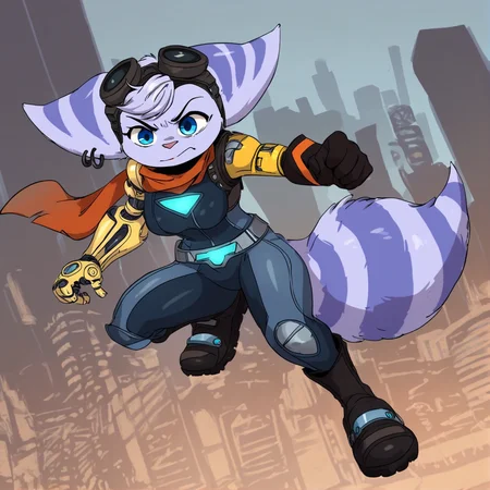 <lora:Joaoppereiraus_Style_v2_PonyXL:0.8> joao, by joaoppereiraus, score_9, score_8_up, score_7_up, score_6_up, score_5_up, score_4_up, source_furry, source_cartoon, rating_safe, action pose, anthro, blue body, blue eyes, blue fur, bodysuit, boots, breasts,  clothing, cybernetic arm, cybernetic limb, ear piercing, ear ring, eyewear, eyewear on head, female, footwear, fur, goggles, goggles on head, markings, piercing, pose, prosthetic, prosthetic arm, prosthetic limb, pupils, ring piercing, scarf, skinsuit, solo, striped body, striped markings, striped tail, stripes, tail, tail markings, tight clothing, ratchet and clank, rivet (ratchet and clank), lombax, mammal, digital media (artwork), hi res , detailed background, science fiction, cityscape,
