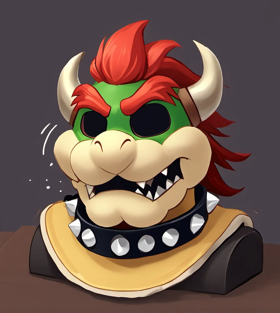 score_9, score_8_up, score_7_up, high res:1.5, digital media (artwork), lineless:1.5, motion lines, bowser, spiked collar, spiky shell, horns, claws, red hair, male, <lora:Suiting_and_Masking:1> mask, bust <lora:Bowser_-_Super_Mario_Bros:0.9>