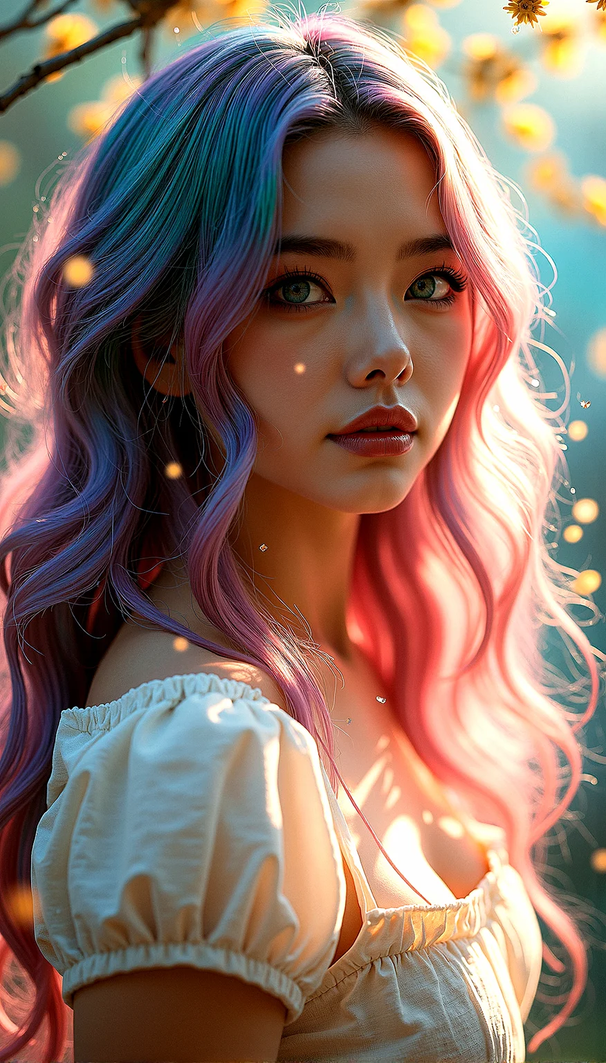 Extreme realism in a complex, highly detailed composition featuring a beautiful woman with flowing rainbow-colored hair, wavy hair, multicolored eyes, ample bosom, slim waist, . The rainbow glowing background, with its vibrant colors, exaggerated details, intricate textures, and dynamic lighting, creates a whimsical, dreamy atmosphere in photorealistic quality. She is wearing Cream-colored linen dress with a square neckline and cap sleeves.
Small, glowing particles floating in the air, adding a magical and ethereal quality to the scene.Clouds with an iridescent sheen, reflecting multiple colors and adding a whimsical touch to the sky.Tree branches that emit a soft light, adding a mystical and natural element to the background.Veils of light that glimmer softly, adding a touch of magic and softness to the scene.Raindrops that glow subtly, adding texture and a soft, rainy atmosphere to the scene.
Looking directly at the camera, with a quiet, reflective expression, camera focus on face