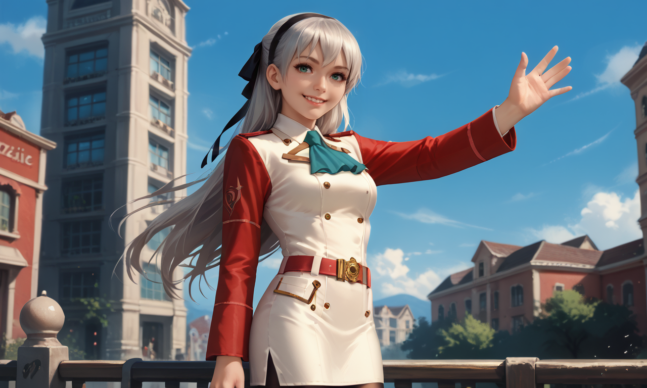 score_8_up, score_7_up, realistic, solo, 1girl, zeroElie, smile, looking at viewer, standing, waving, black hairband, hair ribbon, long hair, ascot, uniform, long sleeves, red sleeves, white dress, pencil skirt, belt, pantyhose, blue sky, outdoors <lora:style_themaestronoob_ponyXL:1> <lora:elie-pdxl-nvwls-v1:1>