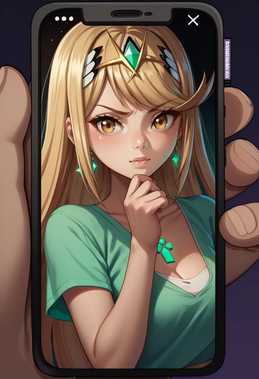 score_9, score_8_up, score_7_up, source_anime, 1girl, PhonePOV, <lora:StevechopzPhone_XLPD:1>, mythra \(xenoblade\), rating_safe,
