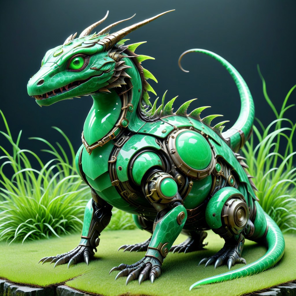 score_9, score_8_up, score_7_up, score_6_up,evi@decrepPunk, 1beast, jade lizzard, jade scales, android parts, made out of jade,  ornately decorated  in the green grass, no humans, dynamic lighting, dramatic and magical,