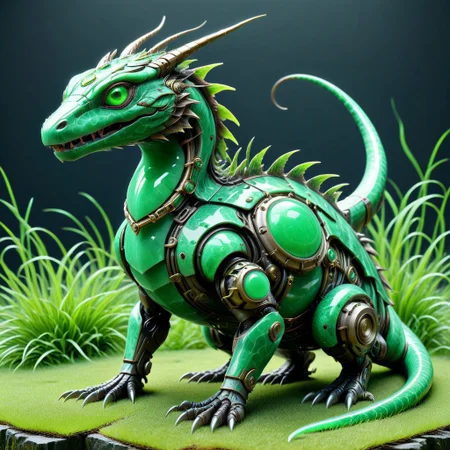 score_9, score_8_up, score_7_up, score_6_up,evi@decrepPunk, 1beast, jade lizzard, jade scales, android parts, made out of jade, ornately decorated in the green grass, no humans, dynamic lighting, dramatic and magical,