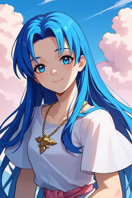 score_9, score_8_up, score_7_up, score_6_up, source_anime, 1girl, solo, <lora:ysfeena-pdxl-nvwls-v1-000004:1> ysFeena, blue hair, very long hair, blue eyes, necklace, white robes, short sleeves, pink sash, looking at you, smile, happy, closed mouth, upper body, blue sky, clouds, village