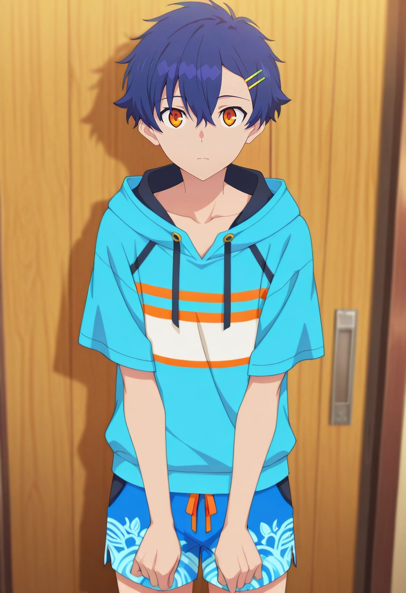 masterpiece, best quality, , anime screencap, anime coloring, official style, looking at viewer, 1boy, solo, male focus, <lora:yomogi_asanaka_ilxl:0.92>, yomogi_asanaka, blue hair, orange eyes, short hair, bangs, hair between eyes, hairclip, , , Batik SteelBlue Ruffled Boardshorts, Quarter-zip pullover, , , and