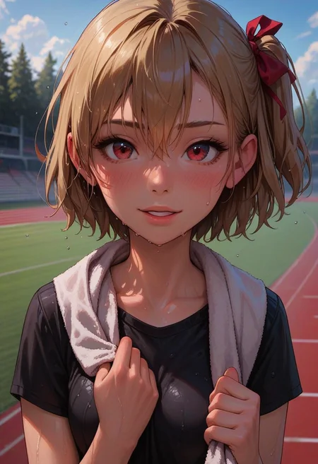 score_9_up, score_8_up, score_7_up, score_6_up, 1girl, 25 years old, perfect face, cute, petite, 
detailed face, portrait, face focus, depth of field, looking at viewer, blush, shy smile, close up, 
red eyes, 
blonde hair, short hair, bob cut, hair ribbon, red ribbon, hair between eyes, sidelocks, one side up, 
black sports top, 
towel around the neck,
sweat, wet skin, wet clothes, wet hair,
running track, track and field, trees, day,