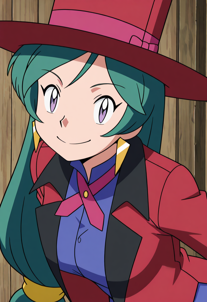masterpiece, best quality, solo, curvy, beautiful eyes, large breasts, 1girl, solo, smile, looking at viewer,     zzFrancesca, purple eyes, green hair, long hair, low-tied long hair,  red top hat, jewelry, formal, suit, blue vest, tailcoat,  (portrait, close up, leaning forward, portrait),  <lora:FrancescaPokemon_IXL:1.0>,