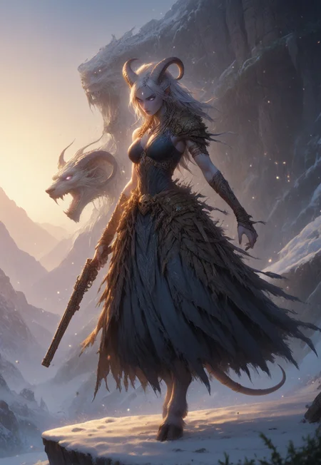 (absurdres, best quality, masterpiece:1.4), score_9, score_8_up, score_7_up, score_6_up, detailed, detailed body, detailed face, world of warcraft, fantasy, <lora:add-detail-xl:1.5>,
fFaceDetail, SkinDetail, ((female, draenei, tall, athletic arms, pale white skin, long white hair, purple eyes, no pupil, no sclera, long white tail), (h0rns, ram horns, white horns),
(long fingers, purple fingernails, purple nail polish), hooves),
GunMonk, shotgun, holding shotgun, dynamic pose,
(long loose blue dress, blue silk scarf, tail under dress, simple armlet, small yellow gem pendant),
outdoors, mountains, temple, snow, evening