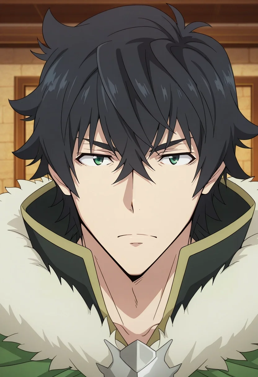 masterpiece, best quality, , anime screencap, , , looking at viewer, 1boy, solo, male focus, <lora:naofumi_iwatani_ilxl:1>, naofumi_iwatani, black hair, green eyes, short hair, hair between eyes, bangs, green cape, fur trim, ,