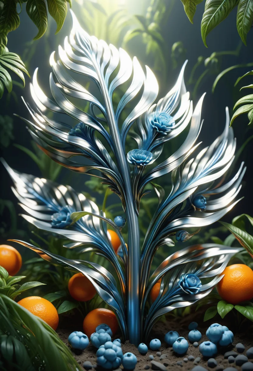 hyper detailed masterpiece, dynamic, awesome quality, DonMSt33lM4g1cXL sturdy titanium white upright creeping plant, pinnately-compound frond-like leaf, reticulate venation, tufted-rosette, pinnatifid leaf margin, tangerine raceme ovary flower, labiate, phthalo blue legume fruit, checkered, sepaloid, tetracladous phyllotaxy, , made of steel, shiny <lora:DonMSt33lM4g1cXL-v1.1-000008:1>