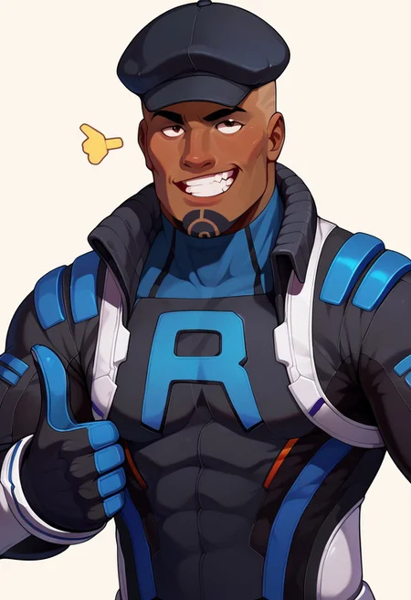 score_8_up, score_7_up, solo male, upper body, digital art,
BREAK,
(packcliff), bodysuit, goatee, hat, dark skin, expression, thumbs up, skintight, half open eyes,
simple background,