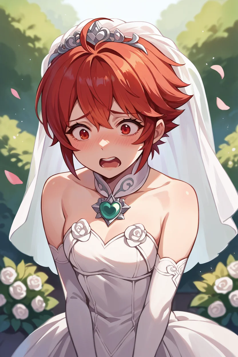 score_9, score_8_up, score_7_up, score_6_up, source_anime, 1girl, solo, <lora:fehinoka-pdxl-nvwls-v1-000006:1> hinoka, red hair, red eyes, short hair, bridal veil, wedding dress, elbow gloves, white gloves, brooch, nervous, open mouth, blush, avoiding eye contact, garden