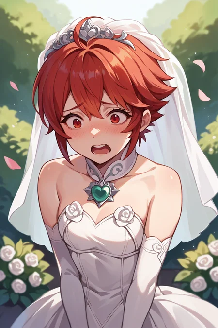 score_9, score_8_up, score_7_up, score_6_up, source_anime, 1girl, solo, <lora:fehinoka-pdxl-nvwls-v1-000006:1> hinoka, red hair, red eyes, short hair, bridal veil, wedding dress, elbow gloves, white gloves, brooch, nervous, open mouth, blush, avoiding eye contact, garden