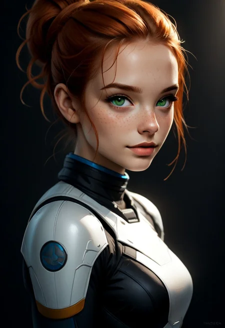 ultra detailed, 1girl, solo, gorgeous girl, cute girl, 25years old, adult, green eyes,(ginger hair), updo hairstyle,horny, boobs, dramatic lighting, sinozick style, g4n1m3, freckles, Changingroom Background:1.3, looking aroused, Dark background,Space_3xplorer