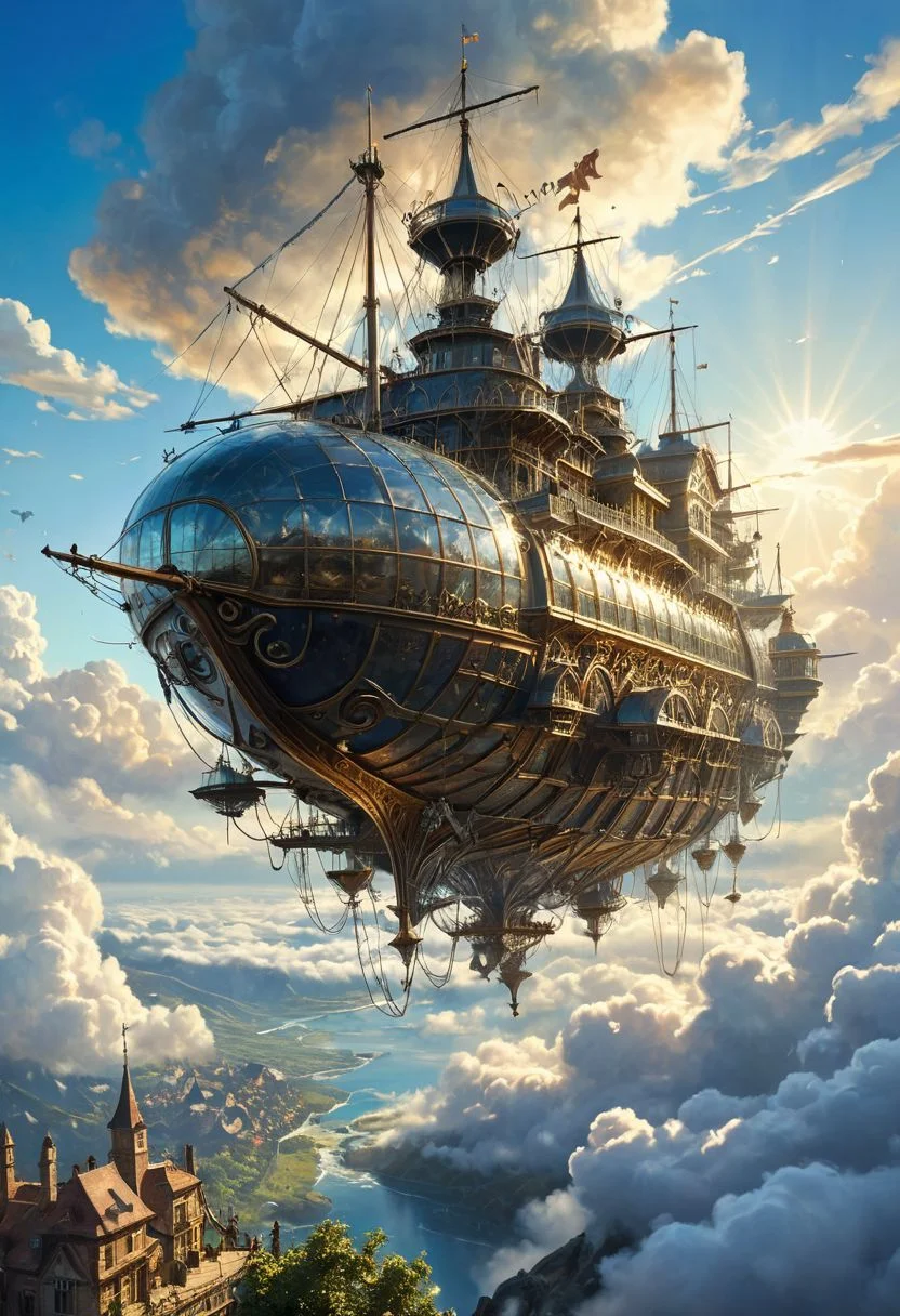 Distant shot, a magic flying ship, above the clouds, in the far distance, brilliant blue sky, stunning, epic magnificent beautiful, realistic, sunbeams, organic tracery, perfect composition, dreamy, digital painting, artstation, concept art, smooth, sharp focus, illustration, Carne Griffiths, pixar, Michael Garmash, Frank Frazetta, Victo ngai, Jean Monge