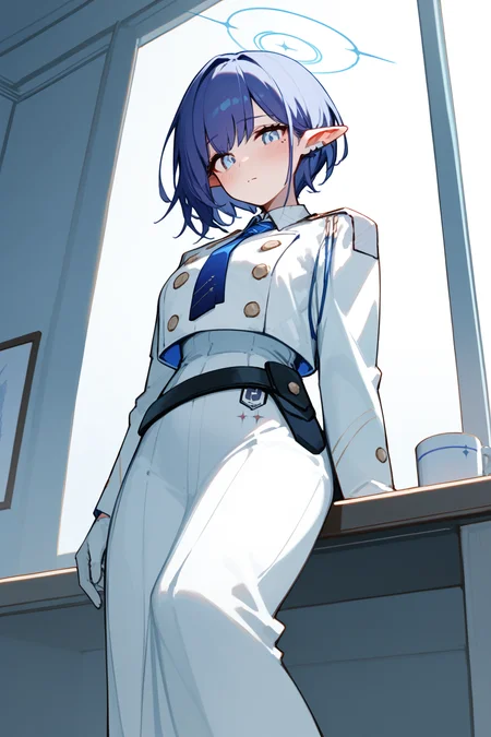 (score_9,score_8_up,score_7_up,),<lora:Oki aoi-000024:1>,Oki Aoi,short hair,blue hair,pointy ears,blue eyes,mole under eye,halo,white jacket,white jacket,blue necktie,white gloves,belt,blush,white skirt,long sleeves,high heels,long skirt,