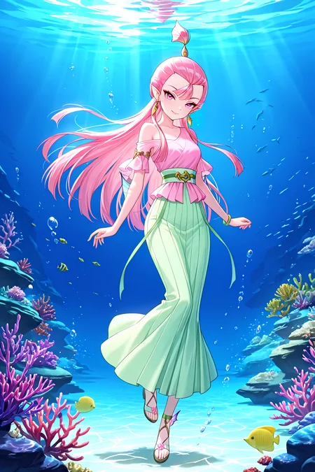 front view,underwater,floating,afloat,
1girl,looking at viewer,full body,seductive smile,
Best quality,masterpiece,soft light,official art,high quality,highres,absurdres,epic scene,natural textures,<lora:Xiao Long Nv IL:1>,xiao long nv,long hair,pink hair,topknot,earrings,jewelry,hair bun,fins-shaped hair bun,single hair bun,pointy ears,pink eyes,fins on arms,pink clothes,green skirt,long skirt,green belt,one bare shoulder,