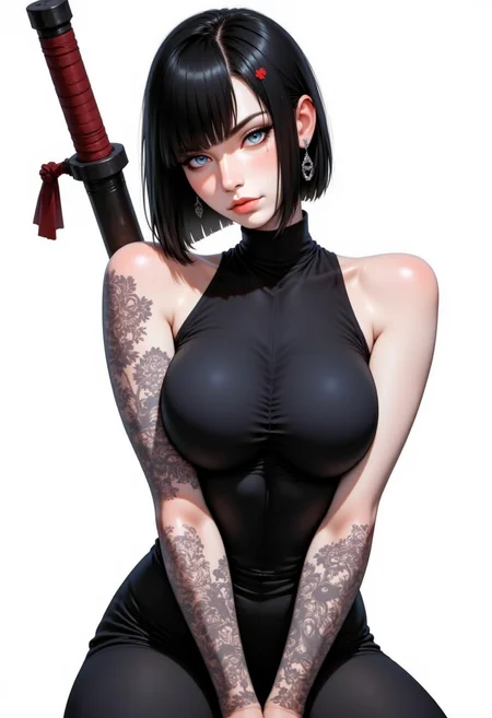 This is a highly detailed digital illustration in a realistic anime style. The central figure is a young woman with pale skin and striking blue eyes, which contrast sharply with her dark hair styled in a sleek, straight bob with bangs. She has a slender yet athletic build and is dressed in a form-fitting, black, sleeveless top that accentuates her medium-sized breasts. Her arms are adorned with intricate, black ink tattoos that cover her entire forearms and hands, adding a bold, edgy aesthetic to her appearance. She is depicted in a semi-squatting position, with her left arm bent behind her head and her right hand resting on her knee, showcasing her toned physique. Her expression is intense and slightly serious, with a hint of determination in her gaze. She holds a katana in her left hand, the hilt wrapped in red cloth, suggesting she is a skilled warrior. The background is a stark white, which contrasts sharply with her dark attire, making her the focal point of the image. The illustration captures a blend of modern sensuality and traditional Japanese aesthetics, emphasizing the character's strength and allure. Realistic anime style.