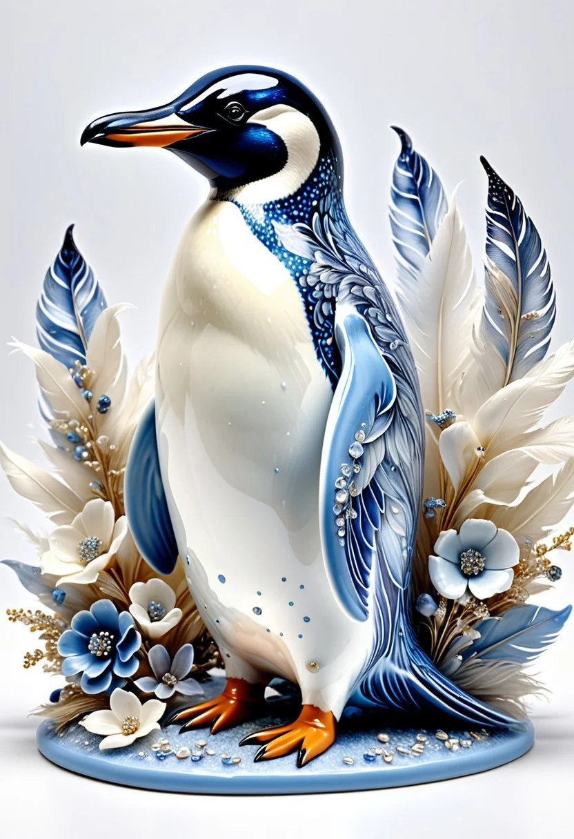 Bluepatternporcelain Penguin,penguin hybrid,feathers,pastel blue paint,gems,dried flowers,hyperrealistic,see-through