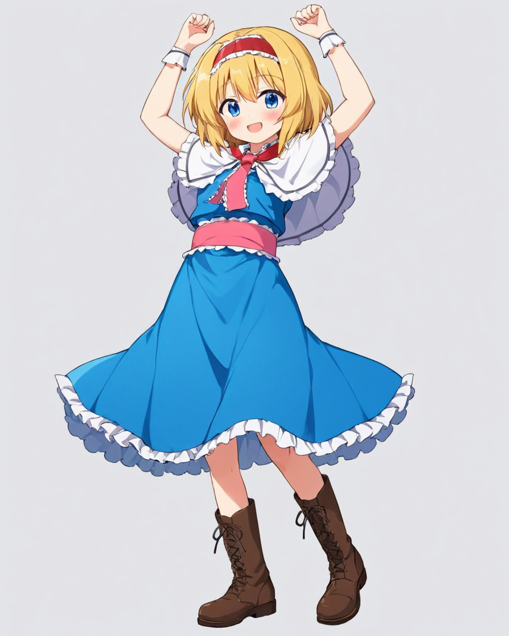 alice margatroid, open_mouth, full_body, smile, pink_hairband, boots, frilled_hairband, blue_dress, brown_footwear, white_capelet, blush, frilled_dress, frilled_capelet, 1girl, solo, red_hairband, arms_up, red_sash, solo_focus, cross-laced_footwear, necktie, standing, simple_background, white_border
<lora:alice_margatroid_image3379_2023-12-11-000006:1>,star-shaped_pupils,symbol-shaped_pupils,. gorgeous,key visual, vibrant, studio anime,award-winning, professional, highly detailed,high budget, cinemascope
