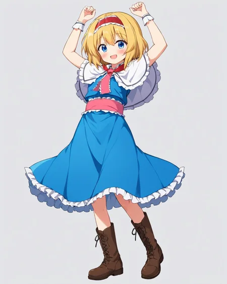 alice margatroid, open_mouth, full_body, smile, pink_hairband, boots, frilled_hairband, blue_dress, brown_footwear, white_capelet, blush, frilled_dress, frilled_capelet, 1girl, solo, red_hairband, arms_up, red_sash, solo_focus, cross-laced_footwear, necktie, standing, simple_background, white_border
<lora:alice_margatroid_image3379_2023-12-11-000006:1>,star-shaped_pupils,symbol-shaped_pupils,. gorgeous,key visual, vibrant, studio anime,award-winning, professional, highly detailed,high budget, cinemascope