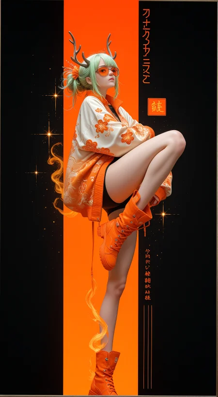 A digital illustration of a white, humanoid figure with a slender build and large breasts, sitting on a tall, straight orange and black vertical stripe. The figure has a dreamy, ethereal appearance with intricate patterns on its clothing and accessories. The background is dark, with a subtle gradient of orange to black. The style is reminiscent of Japanese art with a sci-fi aesthetic. The character's eyes are closed, and she has a serene expression. The image is framed by a thin, ornate border with Japanese text..
,
masterpiece, best quality, amazing quality, very aesthetic, perfect, eyes, grown, 24yo, photorealistic, (USNR),
,1girl, solo, looking_at_viewer, long_sleeves, closed_mouth, standing, jacket, full_body, white_hair, flower, multicolored_hair, sidelocks, boots, horns, shorts, green_hair, shoes, hair_flower, sparkle, bare_legs, white_jacket, sunglasses, crossed_arms, leg_up, standing_on_one_leg, black_background, red_footwear, red_jacket, dragon_horns, knee_up, antlers, tinted_eyewear, chinese_zodiac, red_theme, orange_jacket, orange_footwear, orange_theme, orange-tinted_eyewear, red-tinted_eyewear, 2024, year_of_the_dragon, print_jacket