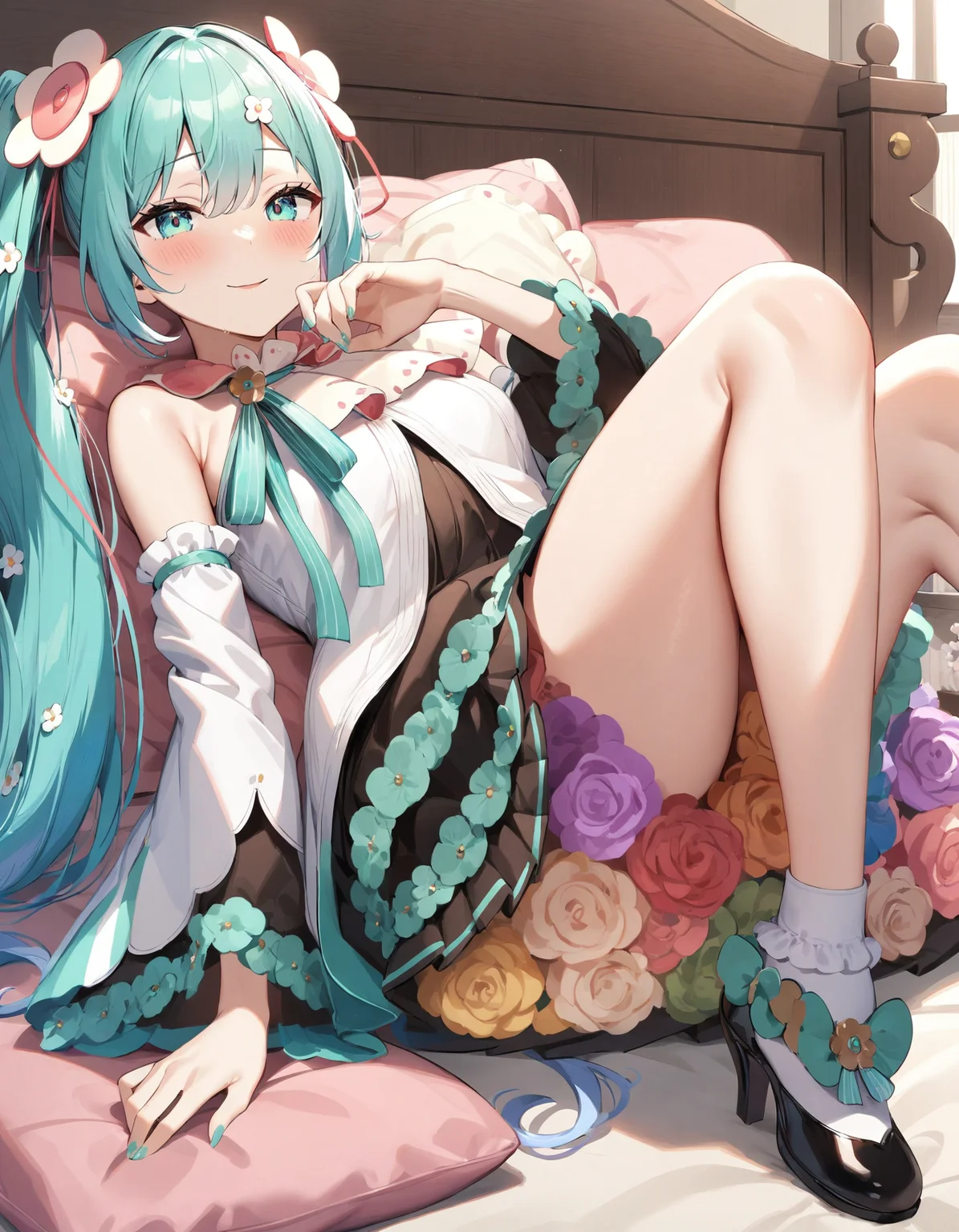 1girl, mjmr2021, magical mirai miku, hatsune miku,
very long aqua hair, gradient hair, twintails, hair flower ornament, dress, white wide sleeves, aqua eyes, dress flower, cape, skirt, black high heels,
white flower, blue flower , yellow flower, rose, pink flower, purple flower, flower petticoat, flower under skirt,
seductive smile, blush, aroused,
indoors, bedroom, lying on bed, lying,
masterpiece, best quality, very aesthetic, sensitive, safe,
<lora:neg4all_bdsqlsz_xl_V91:1> <lora:mjmr2021_anmgn31_C:0.8>