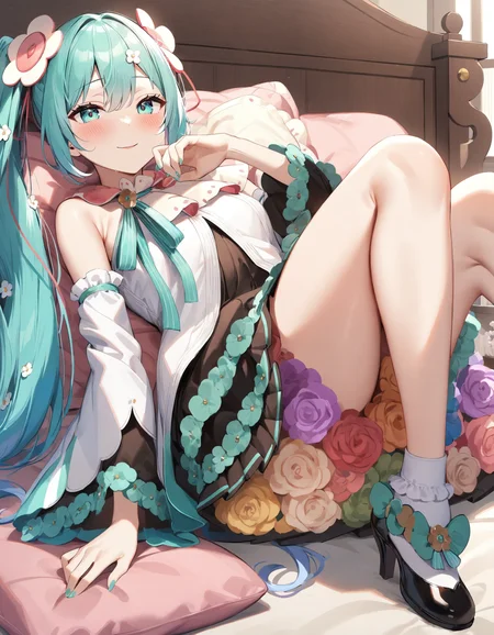 1girl, mjmr2021, magical mirai miku, hatsune miku,
very long aqua hair, gradient hair, twintails, hair flower ornament, dress, white wide sleeves, aqua eyes, dress flower, cape, skirt, black high heels,
white flower, blue flower , yellow flower, rose, pink flower, purple flower, flower petticoat, flower under skirt,
seductive smile, blush, aroused,
indoors, bedroom, lying on bed, lying,
masterpiece, best quality, very aesthetic, sensitive, safe,
<lora:neg4all_bdsqlsz_xl_V91:1> <lora:mjmr2021_anmgn31_C:0.8>
