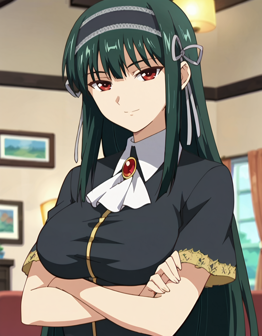 score_9,score_8_up,score_7_up,score_6_up,score_5_up,score_4_up,1girl, <lora:shinra_kuonji:0.7> shinra_kuonji,big breasts,hair band,brooch,black  dress, short sleeves, jewelry,upper body,crossed arms, looking at viewer,smile,anime screencap,