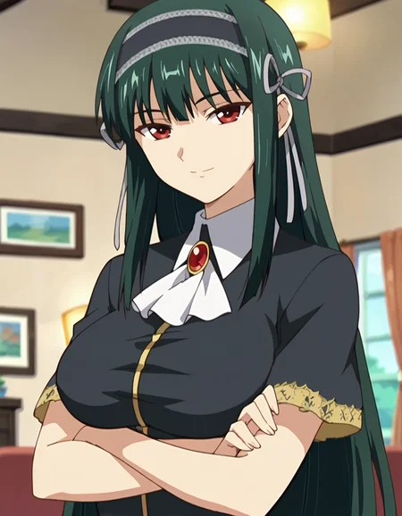 score_9,score_8_up,score_7_up,score_6_up,score_5_up,score_4_up,1girl, <lora:shinra_kuonji:0.7> shinra_kuonji,big breasts,hair band,brooch,black  dress, short sleeves, jewelry,upper body,crossed arms, looking at viewer,smile,anime screencap,