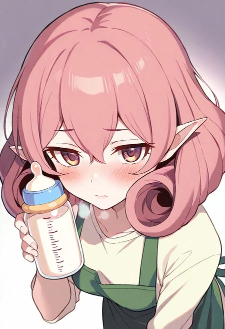 1girl, solo, neneka \(princess connect!\), narrow mouth, thin lips, heavy breathing, blush, (shaded face:0.6), holding a bottle, baby bottle, looking at viewer, green apron, upper_body, leaning_forward, from above, masterpiece, best quality, very aesthetic