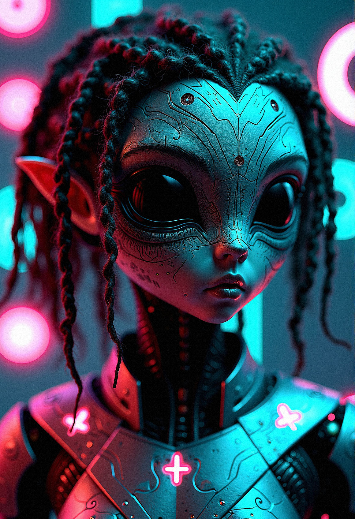 Imagine a close-up shot of a futuristic humanoid figure with an alien-like face, sculpted with intricate cybernetic plating that melds seamlessly into their skin. The face is elongated, with large, reflective black eyes that draw in the light around, creating a void-like gaze. The character's hair, styled into thick, textured dreadlocks, falls around their face and shoulders. Embedded in the hair are thin, glowing fiber-optic strands, pulsing with soft, cyan light. The cybernetic exoskeleton covering their body is a masterpiece of metalwork, with delicate engravings and symbols that hint at an unknown language or code. Surrounding the figure are neon icons—circles, triangles, crosses, and squares—that hover in mid-air, glowing in vivid pink and cyan hues. These symbols cast a subtle, colorful glow onto the figure's armor, enhancing the intricate details and giving it a retro-futuristic look. The background is dark, allowing the neon lights and metallic details to pop, creating a striking contrast that emphasizes the character’s mysterious, otherworldly essence.