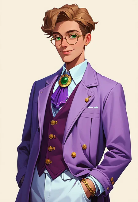 score_9, score_8_up, score_7_up, mgas, masterpiece, best quality, detailed eyes, detailed face, perfect eyes, high detailed, absurdres, highres, casual game art, mobile game art, merge 3 game art, character design, BREAK 1boy, man, mature, solo, smug, attractive, light brown hair, short hairstyle, green eyes, round black-rimmed glasses, white shirt under the jacket, purple silk tie, light purple knitted vest over the shirt, light brown jacket with 3 round small buttons on the cuffs, fake pockets on the jacket, white trousers, gold snake brooch on a tie, a gold chain bracelet on his right hand, BREAK holding on to the lapel of his jacket with both hands, standing, cowboy shot, looking to the left, BREAK simple background, white background