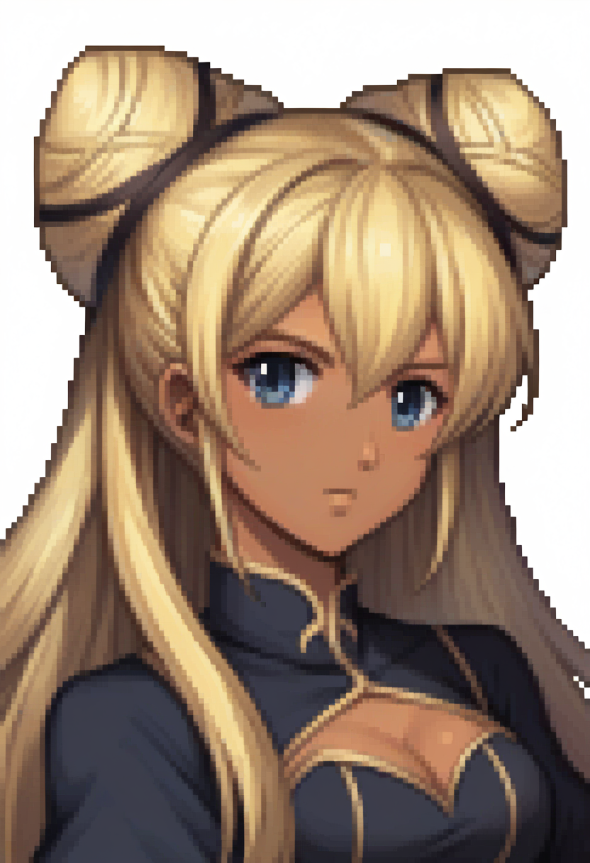 score_9, score_8_up, score_7_up, source_anime BREAK 1girl, solo,
 <lora:zs_FEDSPortraitsXL:1> fedsportraits, portrait, white background
 <lora:zs_OkyannXL:1> okyannp5x, dark skin, blonde hair, double bun, very long hair, black bodysuit, cleavage