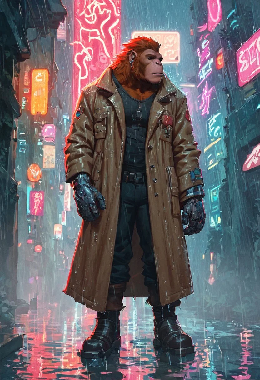 score_9, score_8_up, score_7_up, fantasy illustration, cyberpunk, orangutan, ape, orange fur, mechanical limbs, neon signs, rain, trenchcoat