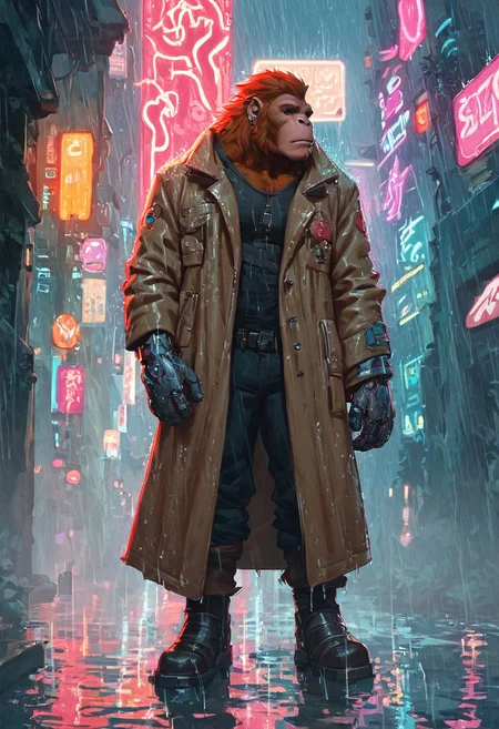 score_9, score_8_up, score_7_up, fantasy illustration, cyberpunk, orangutan, ape, orange fur, mechanical limbs, neon signs, rain, trenchcoat