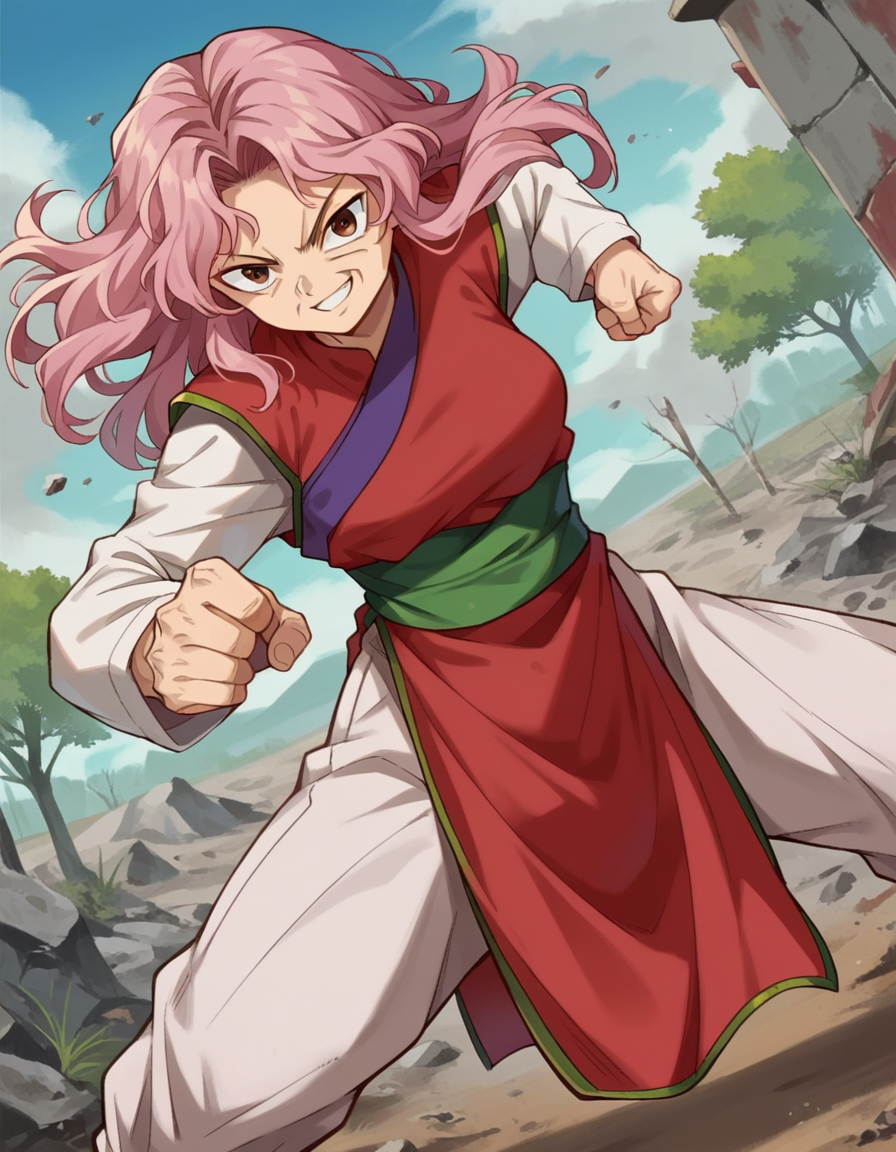score_9, score_8_up, score_7_up, source_anime,
yyhgenkai, <lora:yyh-genkai-anime-ponyxl-lora-nochekaiser:1>,
genkai, long hair, brown eyes, pink hair, wrinkled skin, 
long sleeves, pants, sash, chinese clothes,
outdoors, wasteland, smile, fighting stance,
looking at viewer, dutch angle, cowboy shot,
