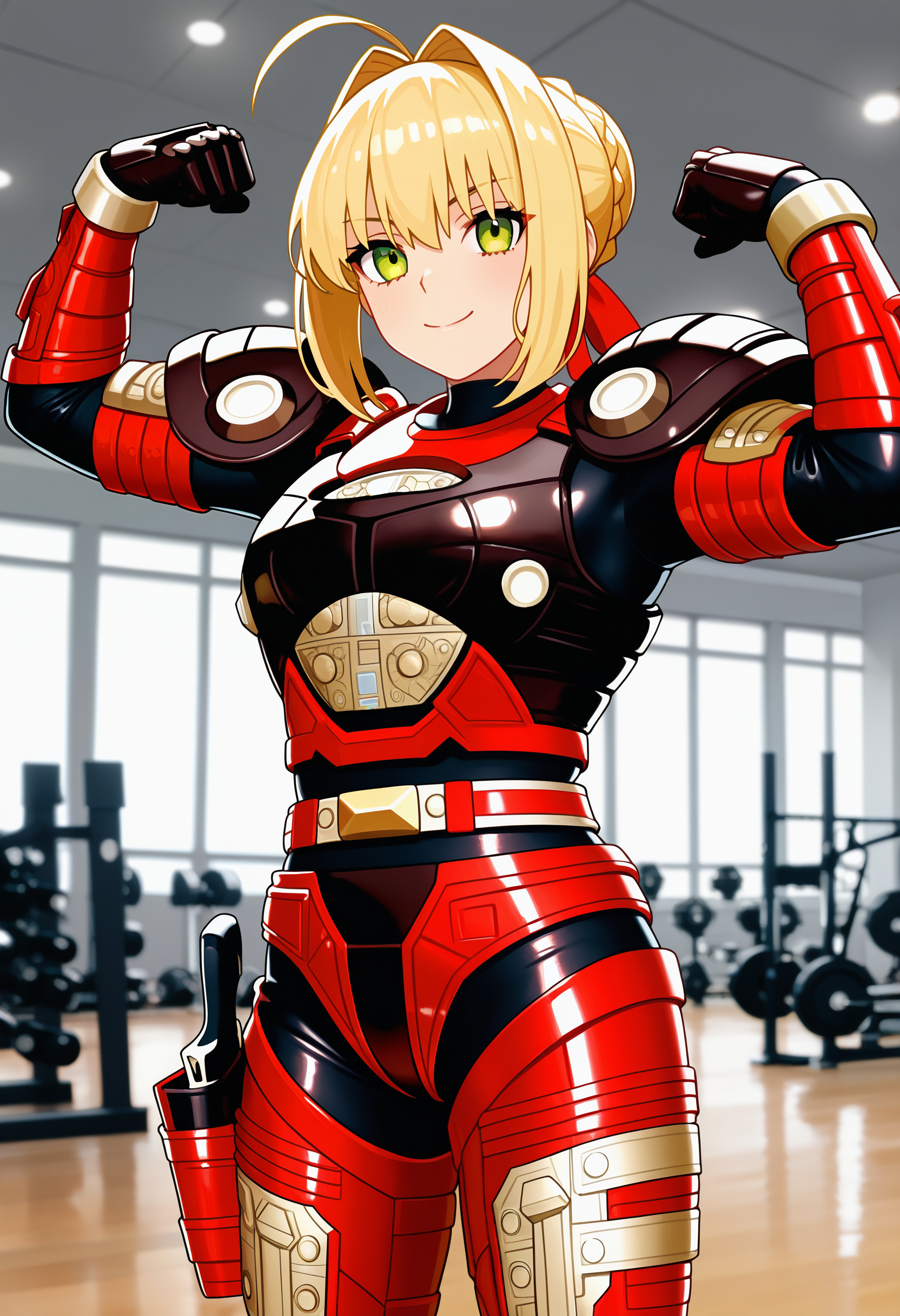 1girl, solo, R3ddle, armor, bodysuit, shoulder pad, gloves, belt, holster, shiny clothes, (nero claudius (fate):0.9), blonde hair, green eyes, flexing, looking at veiwer, smile, cowboyshot,
indoors, gym,
best quality, very aesthetic, masterpiece,