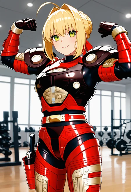 1girl, solo, R3ddle, armor, bodysuit, shoulder pad, gloves, belt, holster, shiny clothes, (nero claudius (fate):0.9), blonde hair, green eyes, flexing, looking at veiwer, smile, cowboyshot,
indoors, gym,
best quality, very aesthetic, masterpiece,