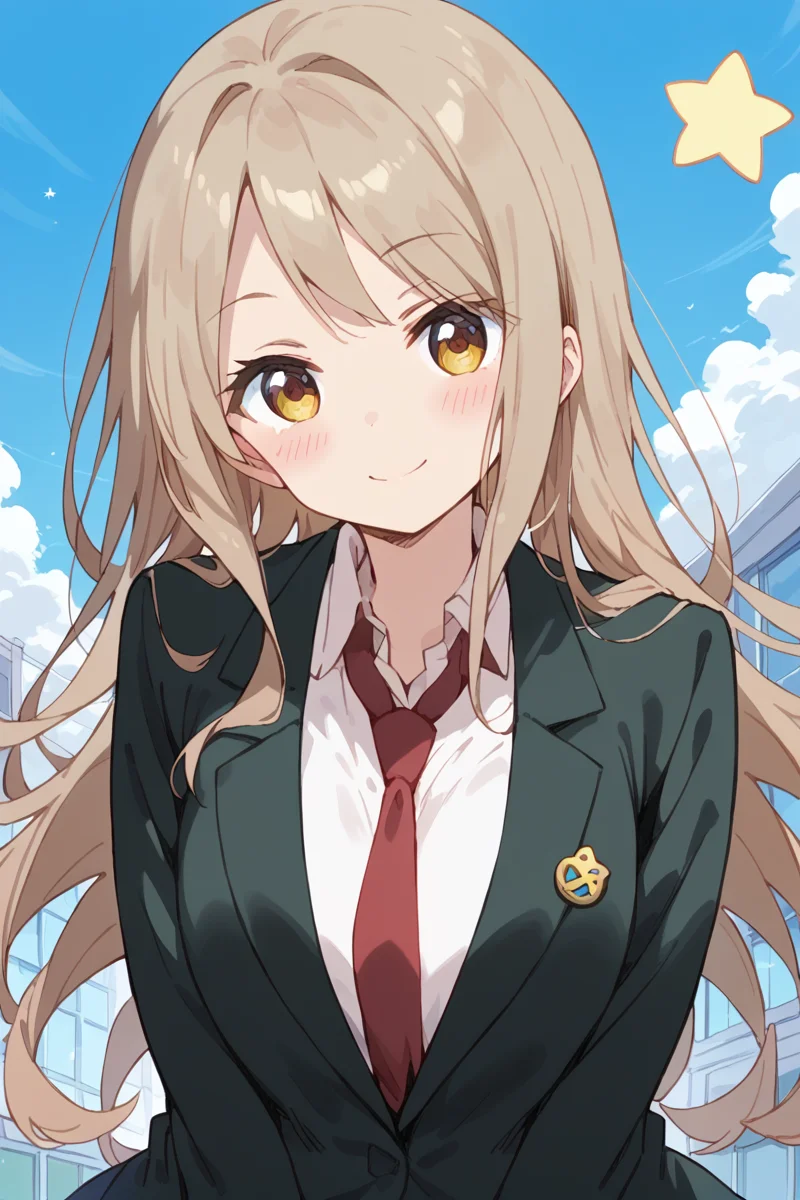 score_9, score_8_up, score_7_up, score_6_up,
<lora:Kotone_Noda:1> kotone, 1girl, solo, necktie, long hair, smile, star (symbol), jacket, school uniform, looking at viewer, heart, blush, shirt, blazer, red necktie, brown hair